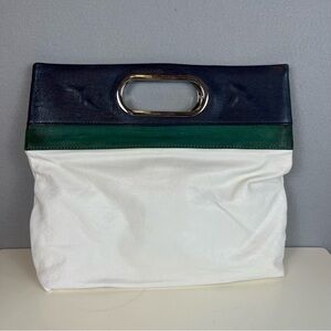Banana Republic Leather Colorblock Clutch Tote Bag Navy Green White Metal Handle